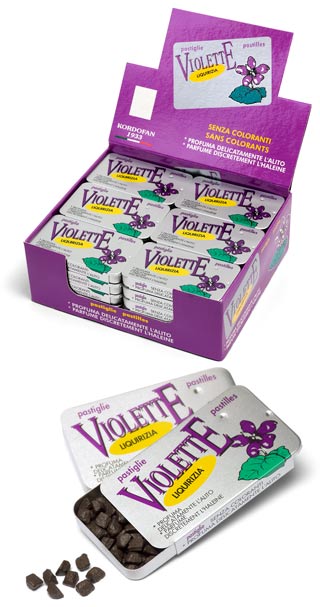 Espositori pastiglie Violette e RosaRosae alla liquirizia Kordofan dal 1933
