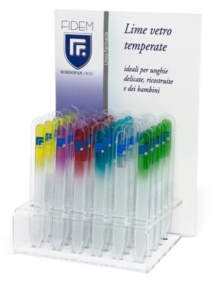 Espositori per lime in vetro LV1in plexiglas da banco FIDEM farmacia
